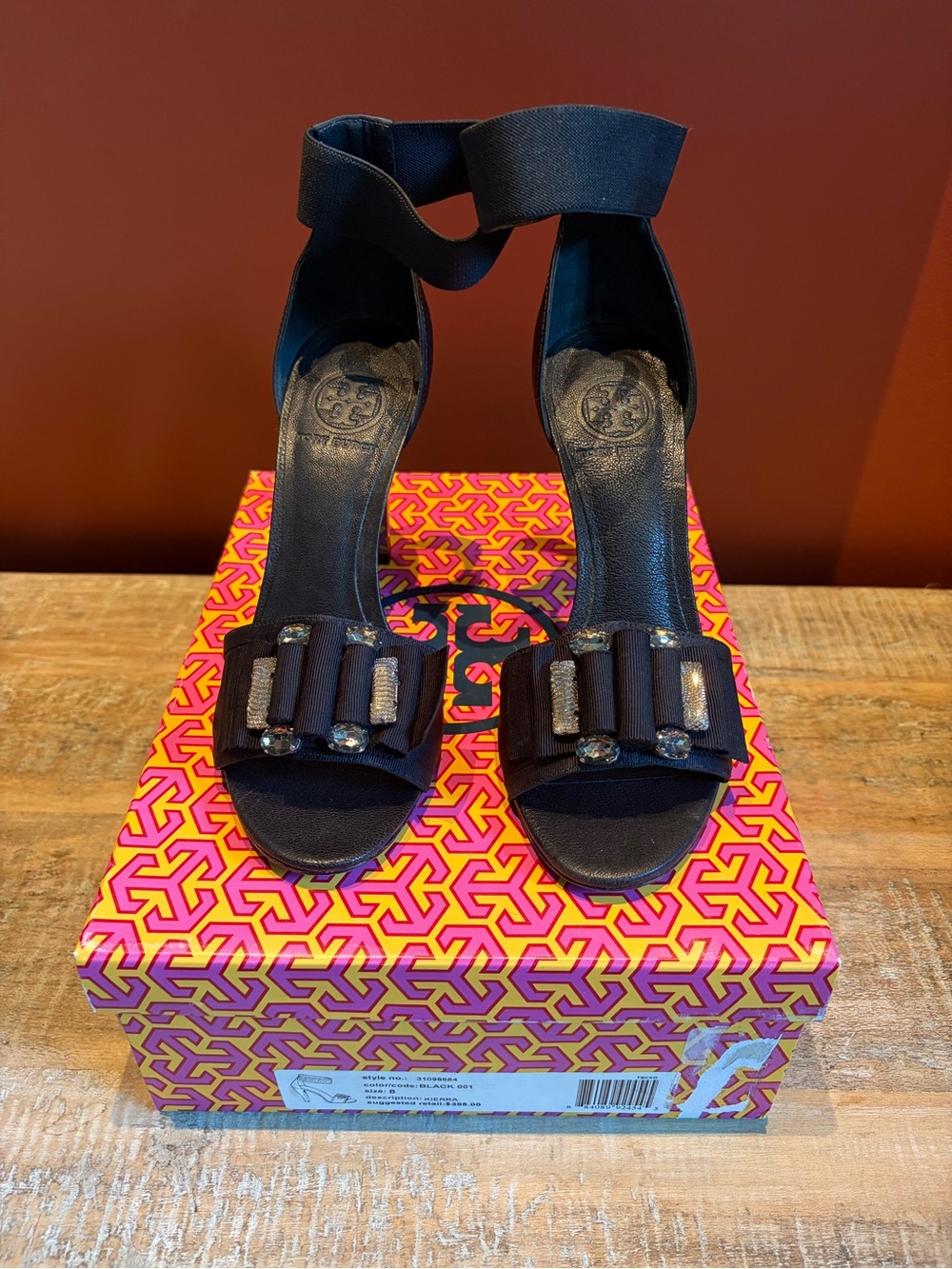 Tory Burch Black Ankle-Strap Bow Heels with Crystal Accents